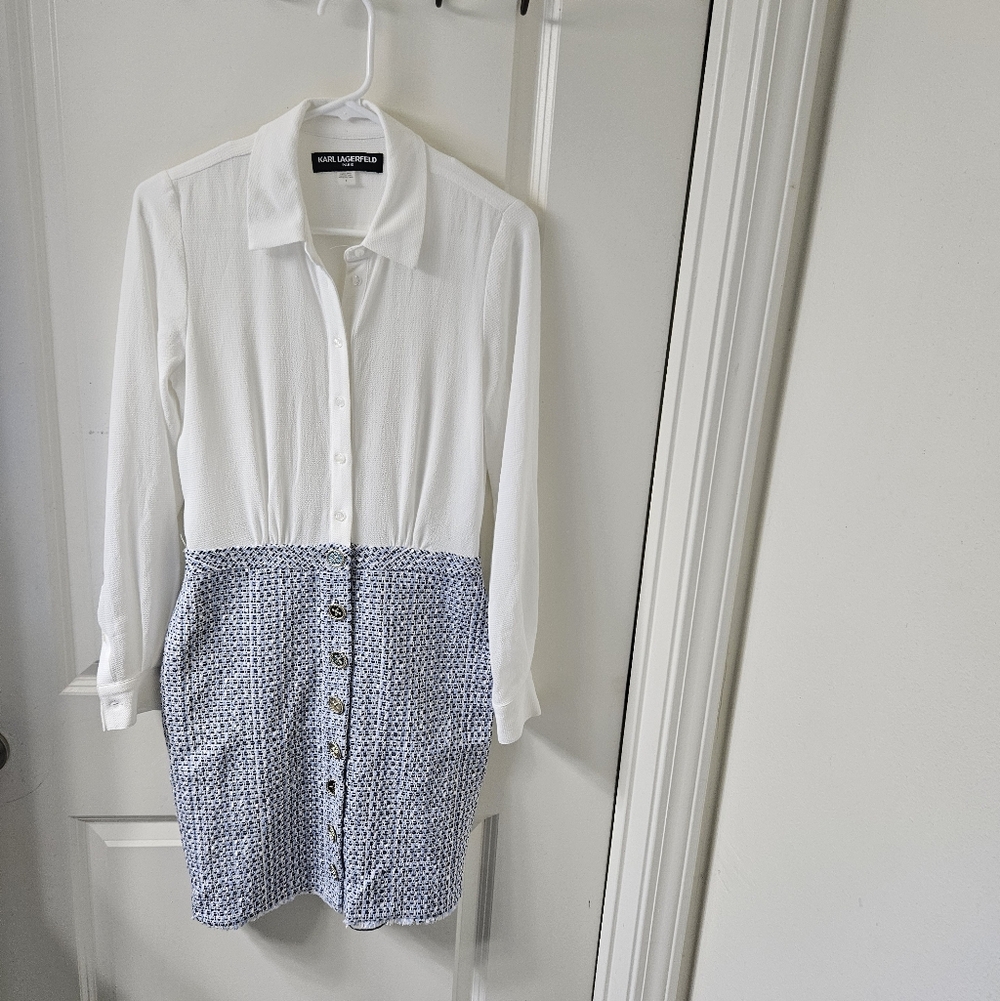 Karl Lagerfeld Two-Tone Button Front Dress - White & Navy Tweed